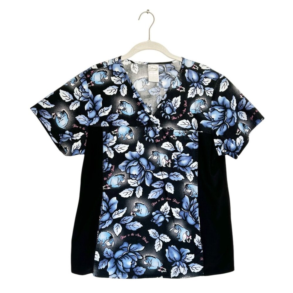 Disney Eeyore Floral Short Sleeve Scrub Top in Black/Blue - Sz L